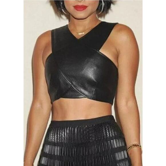 NWT BCBGMAXAZRIA Black Leatherette Nyella Criss Cross Sleeveless Crop Top XS - Picture 1 of 11